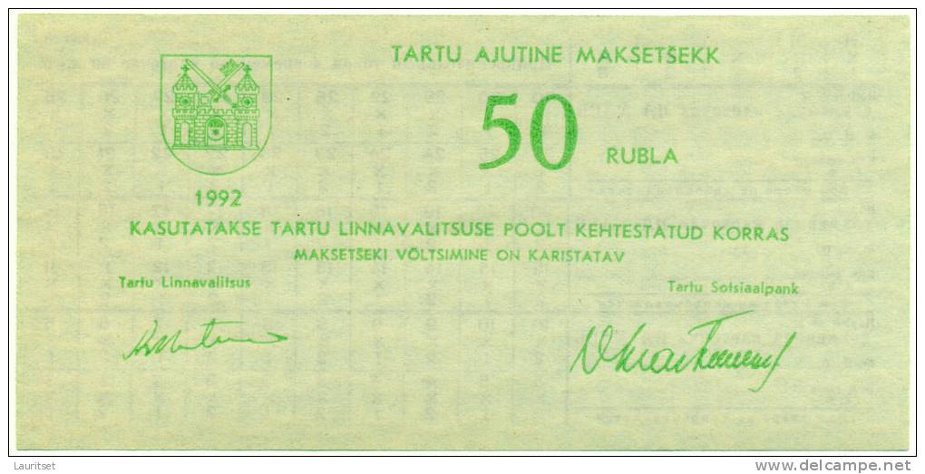 ESTLAND Estonia Estonie Provisional Money Provisorische Bezahlungsschecks Tartu Dorpat 1992 - Estonia