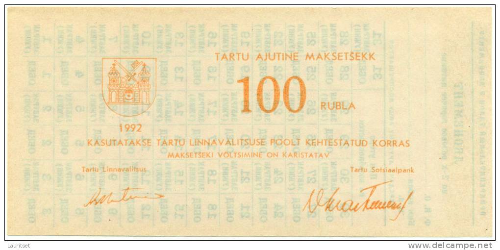 ESTLAND Estonia Estonie Provisional Money Provisorische Bezahlungsschecks Tartu Dorpat 1992 - Estonia