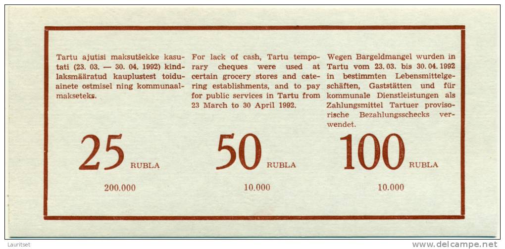 ESTLAND Estonia Estonie Provisional money Provisorische Bezahlungsschecks Tartu Dorpat 1992