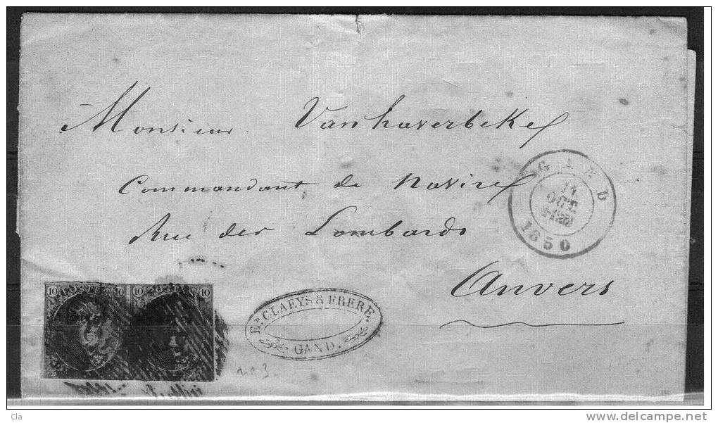 3 Paire Sur Lettre De Gand à Anvers  Touché    450 - 1849-1850 Medaillen (3/5)