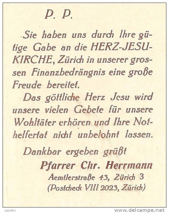 HERZ-JESU-KIRCHE Zürich Wiedikon Spendenkarte 1927 - Wiedikon