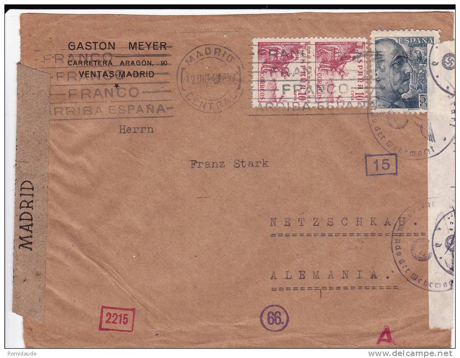 ESPAGNE - 1941 - ENVELOPPE Avec DOUBLE CENSURE ESPAGNOLE+ALLEMANDE De MADRID Pour NETZSCHKAU (GERMANY) - MECA PROPAGANDE - Covers & Documents