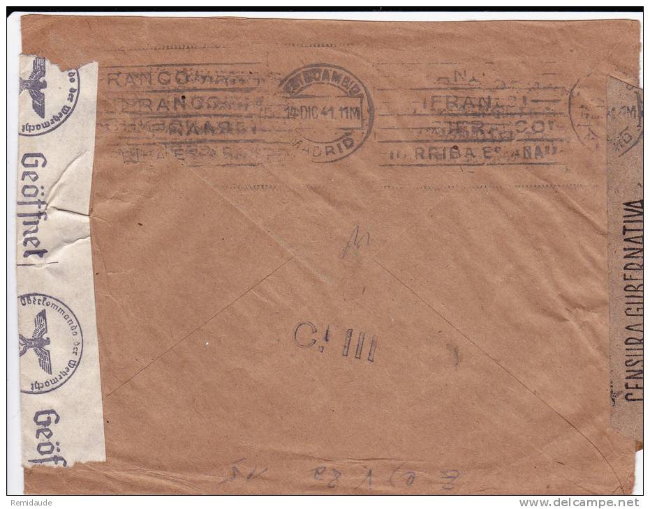 ESPAGNE - 1941 - ENVELOPPE Avec DOUBLE CENSURE ESPAGNOLE+ALLEMANDE De MADRID Pour NETZSCHKAU (GERMANY) - MECA PROPAGANDE - Covers & Documents