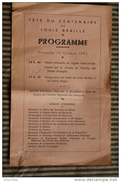 Programme Dima19/10/1952 Fête Du Centenaire De Louis Braille: Mess église Saint-Joseph Comité D'honneur Préfet Député - Programas