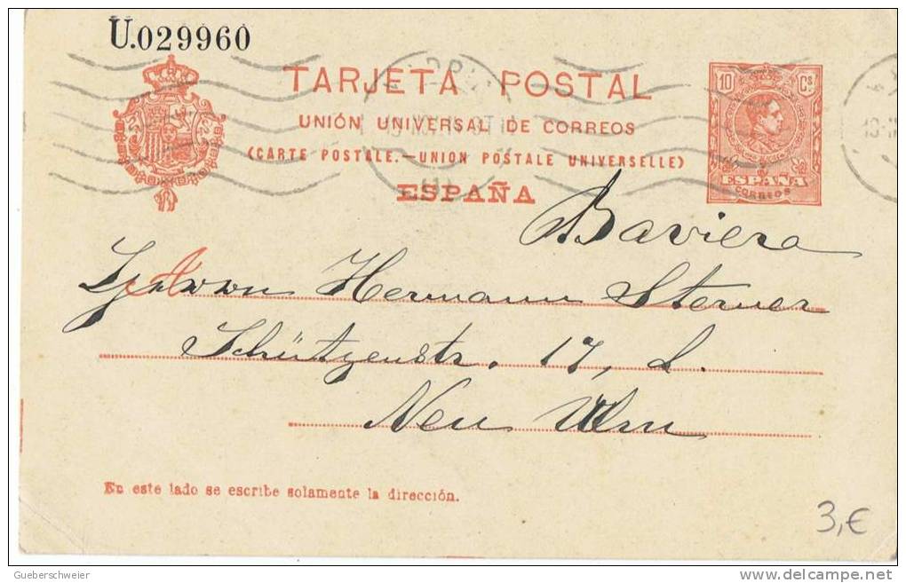 L-ESP-2 - ESPAGNE Bel Entier Postal Numéroté De 1914 Pour Neu Ulm - 1850-1931