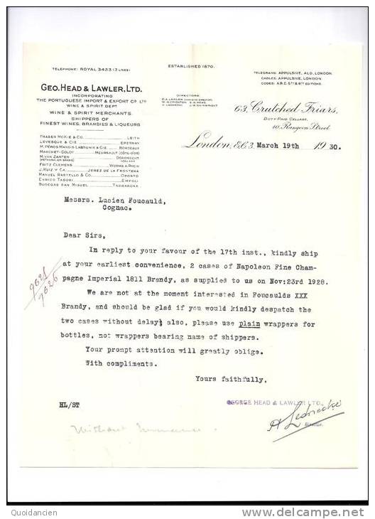 Entête  19/03/1930  -  LONDON  ( Londres )  GEO.  HEAD  &  LAWLER  -  Vins,  Brandy, Lqueurs - United Kingdom