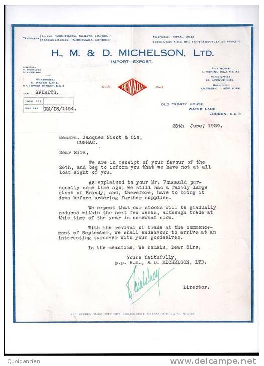 Entête  28/06/1929  -  LONDON  ( Londres )  H.M. & D.  MICHELSON  -  "  HEMADA  "  -  Spiritueux - Ver. Königreich