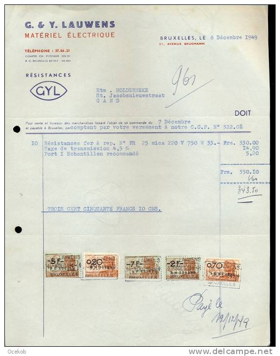 Factuur - Facture Matériel électrique LAUWENS  Bruxelles 1949 - Elektriciteit En Gas