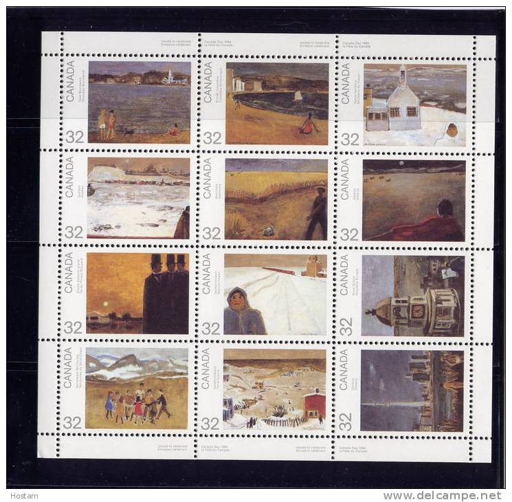 CANADA, 1984, # 1027a, CANADA DAY, Paint Of J P Lemieux, MNH  12 Stamps - Blocs-feuillets