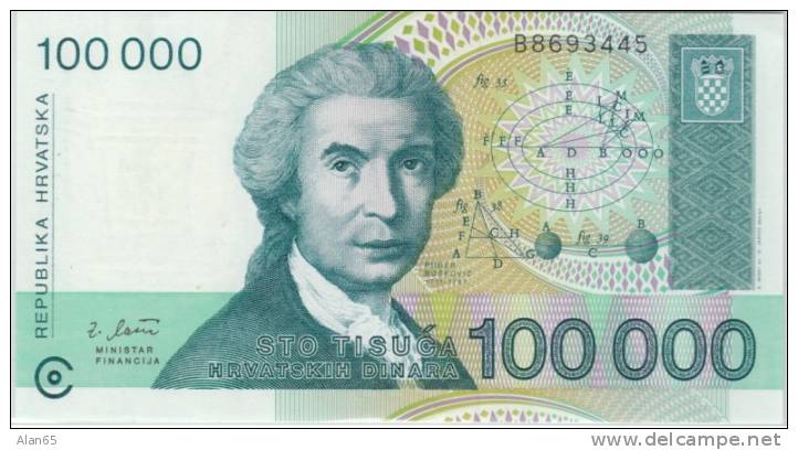 Croatia #27 100,000 Dinara 1993 Banknote Currency, - Croatie