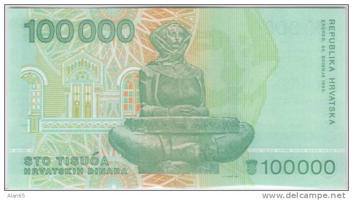 Croatia #27 100,000 Dinara 1993 Banknote Currency, - Croatia