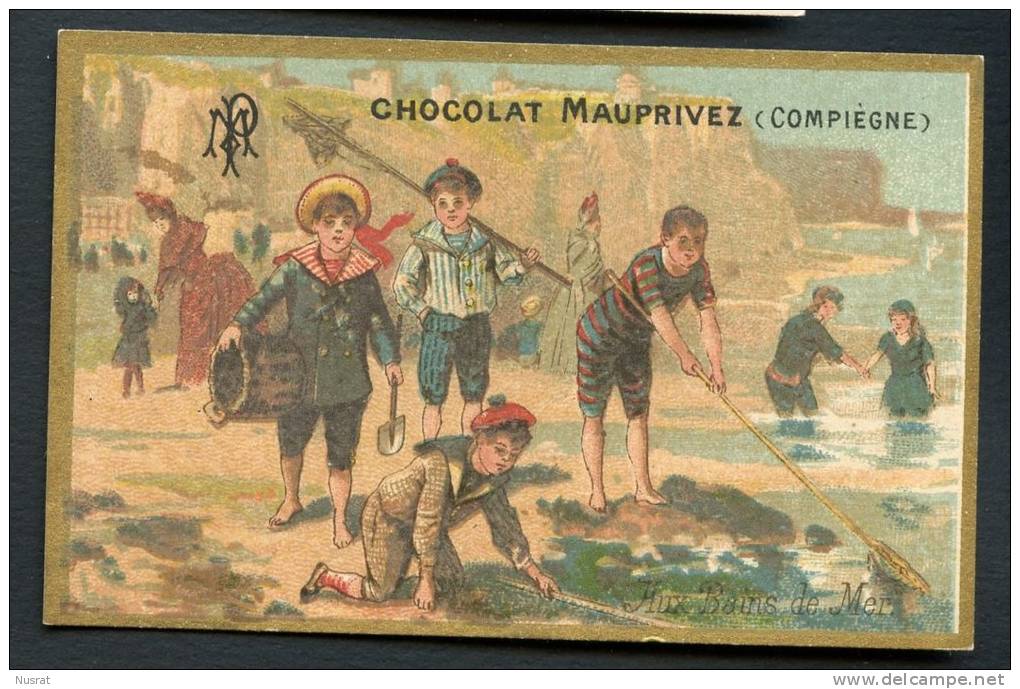 Chocolat Mauprivez, Compiègne, Jolie Chromo Cadre Dorée Lith. Champenois, Aux Bains De Mer - Sonstige & Ohne Zuordnung