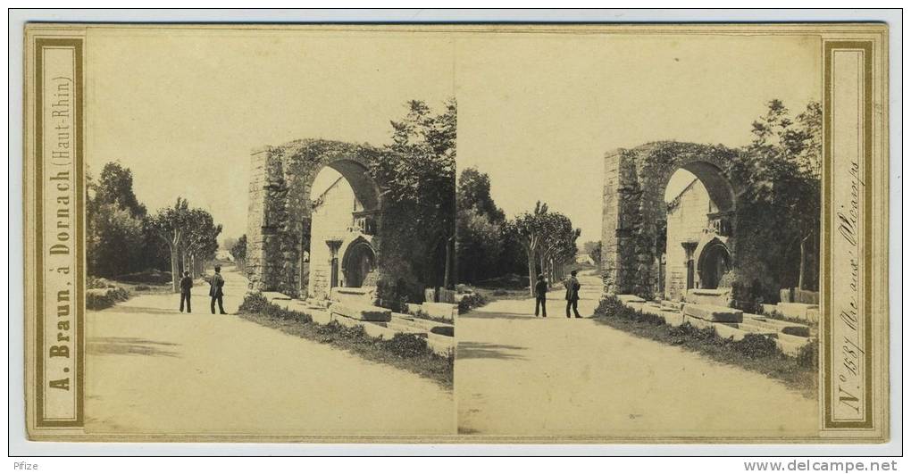 Stéréo 1860-70 Adolphe Braun à Dornach. N° 1587. Arc Aux Alyscamps (Arles). - Stereoscopic