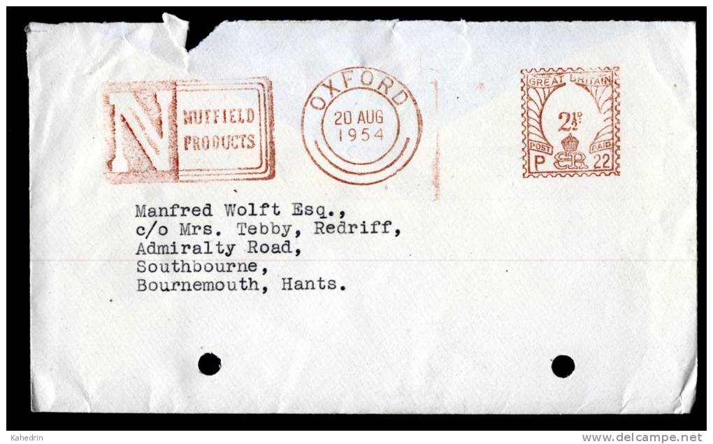 Great Britain 1954, Letter / Cover With Meter Mark, Oxford To Bournemouth - Hants, Advertising: Nuffield Products - Briefe U. Dokumente