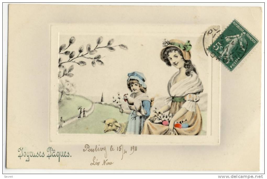 Carte Viennoise. -  JOYEUSES PÂQUES. Femme Et Fillette Avec Agneau , Poule Et Oeufs - Wichera