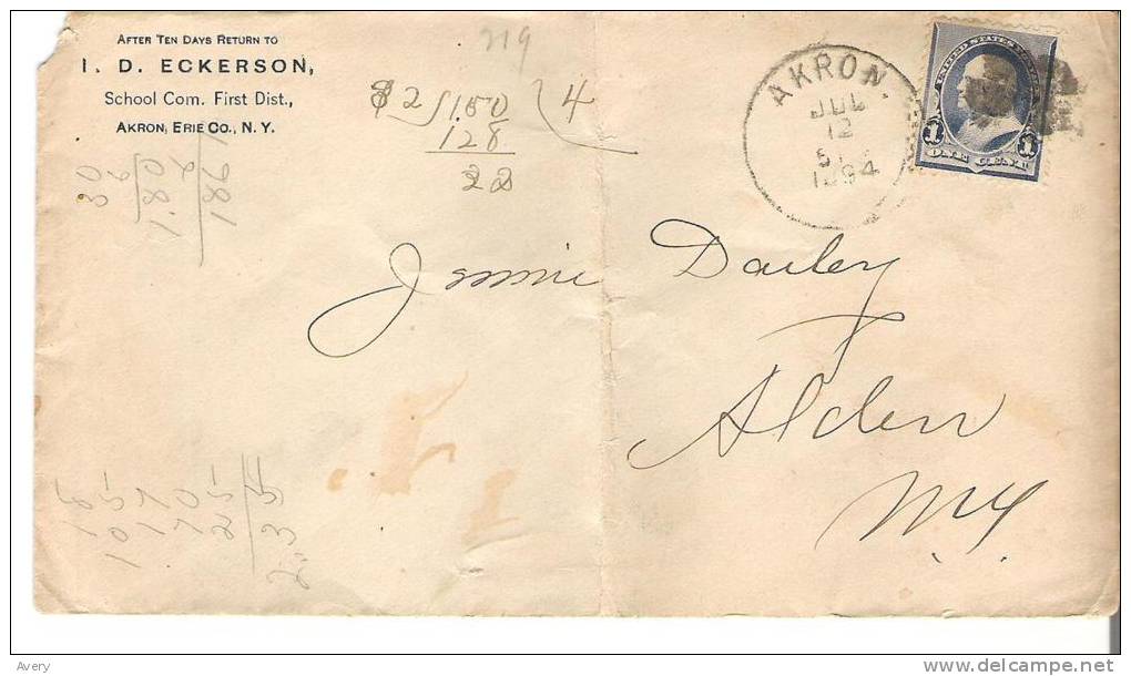 Cover Envelop D. Eckerson School Com. First Dist., Akron, Erie Co., New York 1 Cent 1894 - Covers & Documents