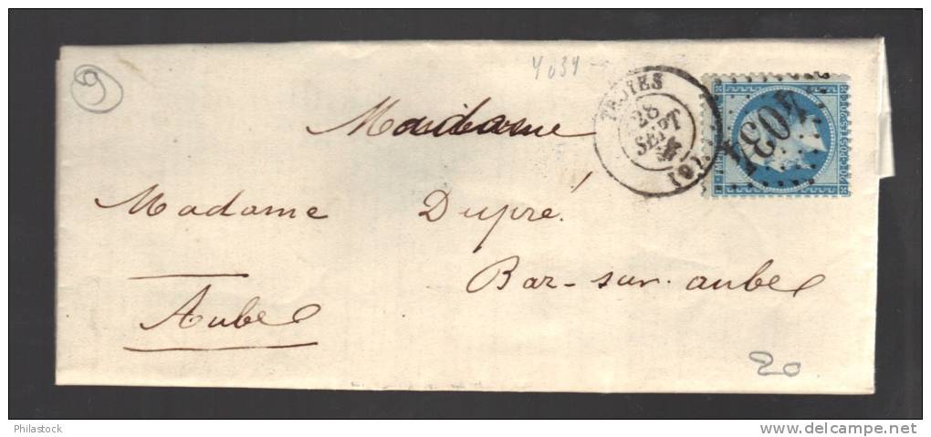 FRANCE 1868 N° 22 Défaut Obl. S/Lettre GC 4034 Troyes - 1862 Napoleon III