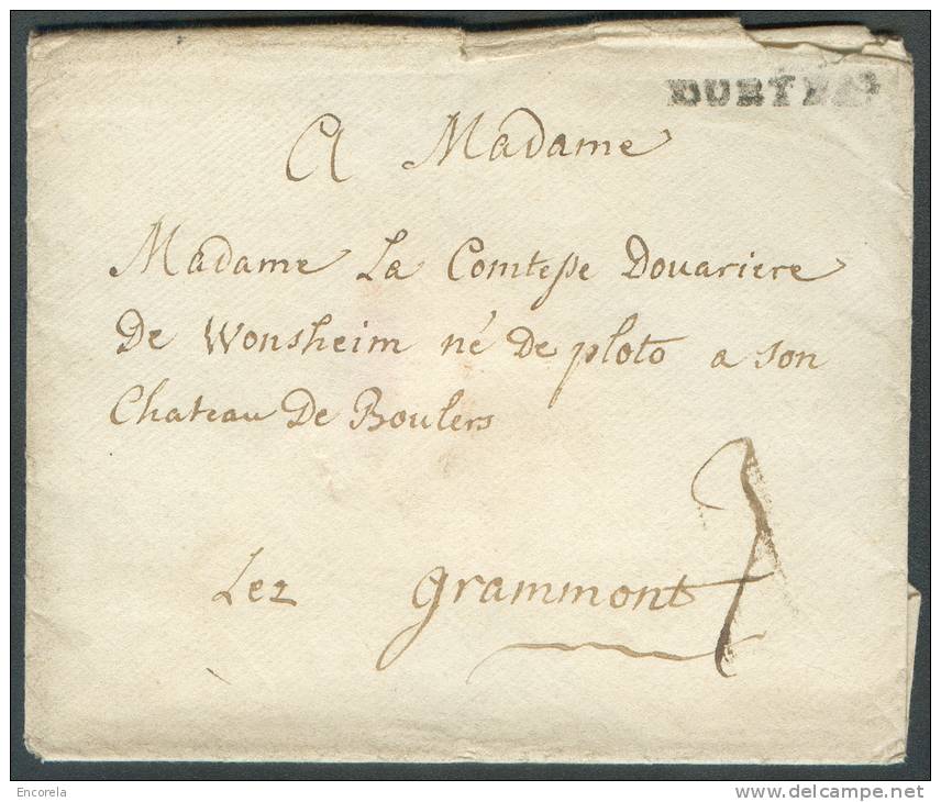 Enveloppe Avec Contenu De COURTRAY En 1773 Vers Boulers Près De Grammont; Port ´3´ + Contenu (3 Pages) Signé Delport Bén - 1714-1794 (Oesterreichische Niederlande)