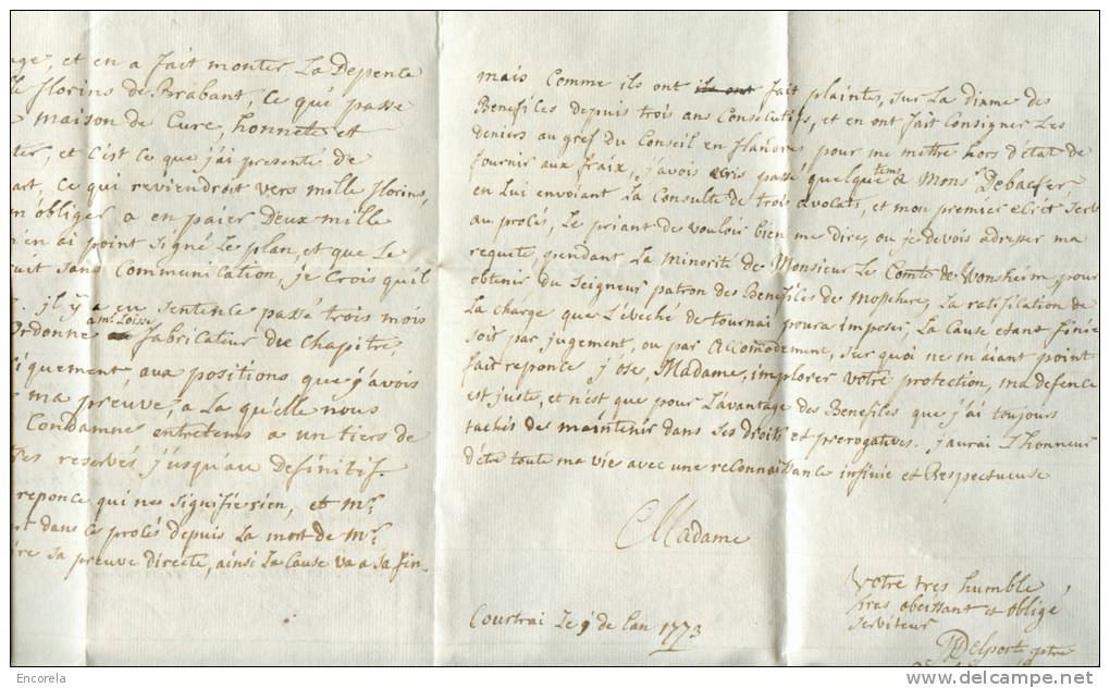 Enveloppe Avec Contenu De COURTRAY En 1773 Vers Boulers Près De Grammont; Port ´3´ + Contenu (3 Pages) Signé Delport Bén - 1714-1794 (Paises Bajos Austriacos)