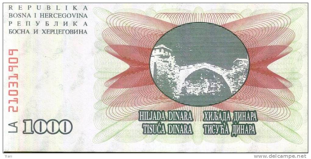 BANCONOTA DELLA BOSNIA ERZEGOVINA - 1000 Dinara - Bosnien-Herzegowina