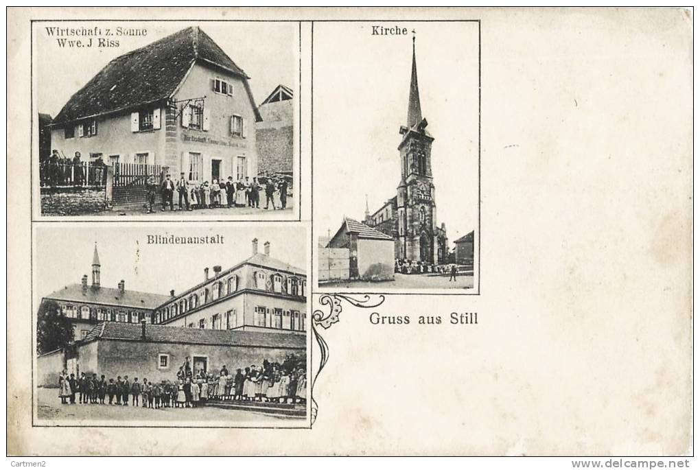 GRUSS AUS STILL KIRCHE WIRTSCHAFT Z. SONNE Wwe J. RISS BLINDENANSTALT ALSACE 1900 - Altri & Non Classificati