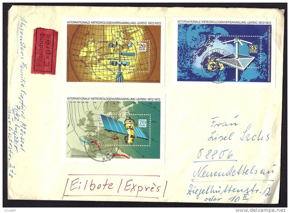 LETTRE GRAND FORMAT DE D.D.R- TRES BEAU TIMBRAGE- 3 BLOCS DIVERS GRANDS FORMATS- 1972- THEME METEOROLOGIE- - Storia Postale