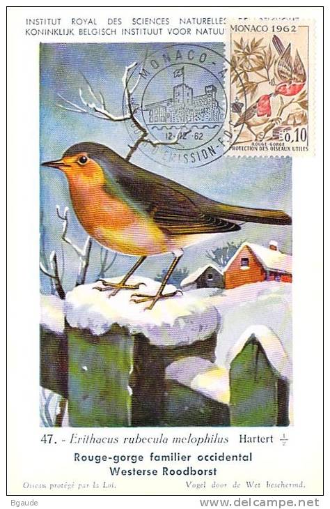 MONACO CARTE MAXIMUM  NUM.YVERT 582 OISEAUX FAUNE PROTECTION DE LA NATURE  PREMIER JOUR  12/12/62 - Maximumkaarten