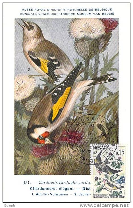 MONACO CARTE MAXIMUM  NUM.YVERT 583 OISEAUX FAUNE PROTECTION DE LA NATURE  PREMIER JOUR  12/12/62 - Maximumkaarten