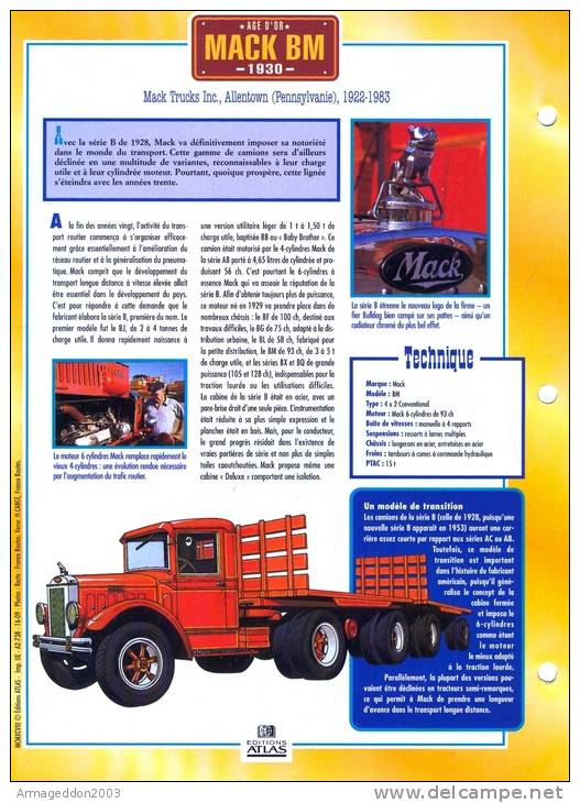 FICHE CARTONNE 25x18.5 CM CAMION DOC.AU DOS VOIR SCAN SERIE AGE D´OR MARK BM 1930 - Camions