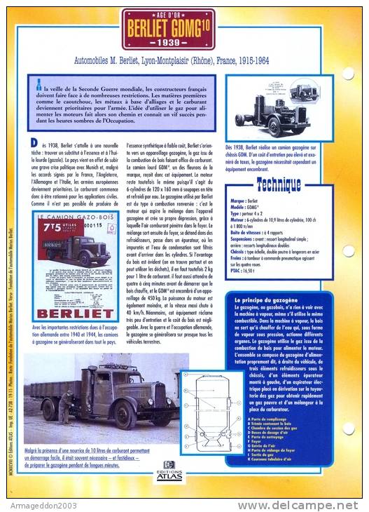 FICHE CARTONNE 25x18.5 CM CAMION DOC.AU DOS VOIR SCAN SERIE AGE D´OR BERLIET GDMG 1939 - Trucks