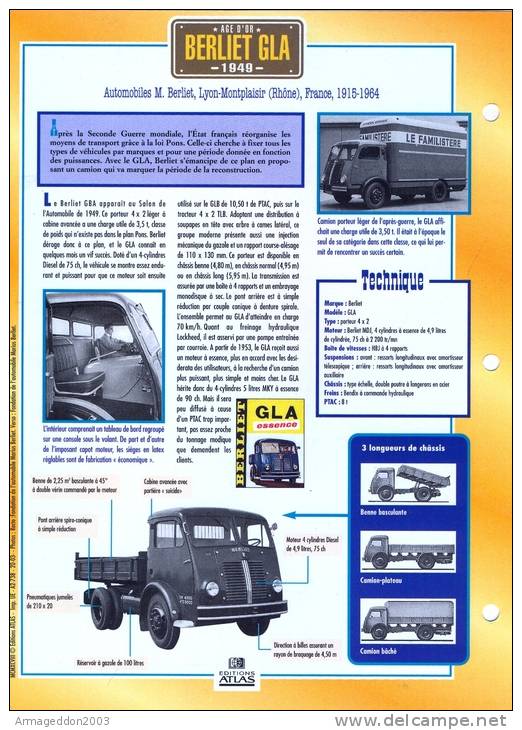 FICHE CARTONNE 25x18.5 CM CAMION DOC.AU DOS VOIR SCAN SERIE AGE D´OR BERLIET GLA 1949 - Camions