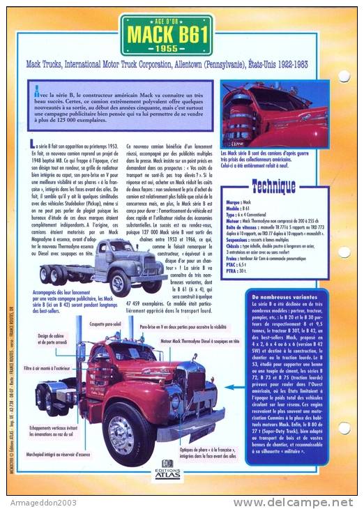 FICHE CARTONNE 25x18.5 CM CAMION DOC.AU DOS VOIR SCAN SERIE AGE D´OR 1955 MACK B61 - Camiones