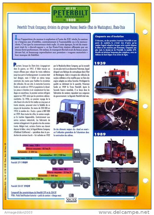 FICHE CARTONNE 25x18.5 CM CAMION DOC.AU DOS VOIR SCAN SERIE AGE D´OR 1989 PETERBILT - Camions