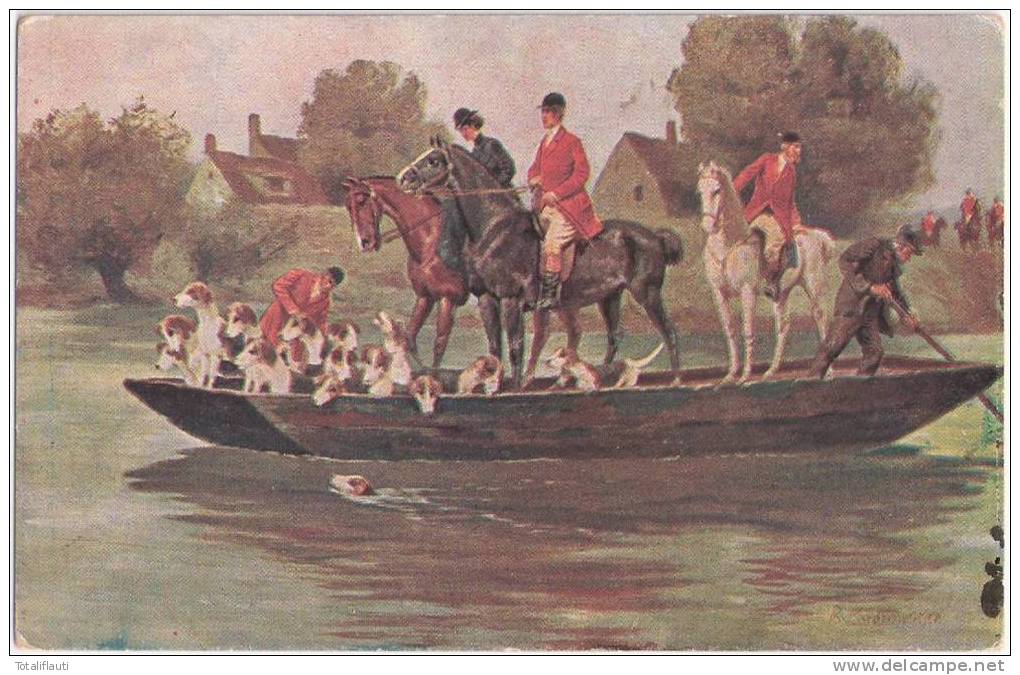 Hubertus Jagd 3 Reiter Und Die Hundemeute Auf Der Fähre über Den Fluss Color Ungelaufen Hunting Dog Horse In A Ferry - Cavalli
