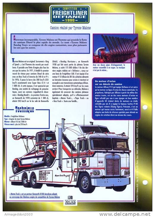 FICHE CARTONNE 25x18.5 CM CAMION DOC.AU DOS VOIR SCAN SERIE COMPETITION FREIGHTLINER DEFIANCE 1990 - Trucks