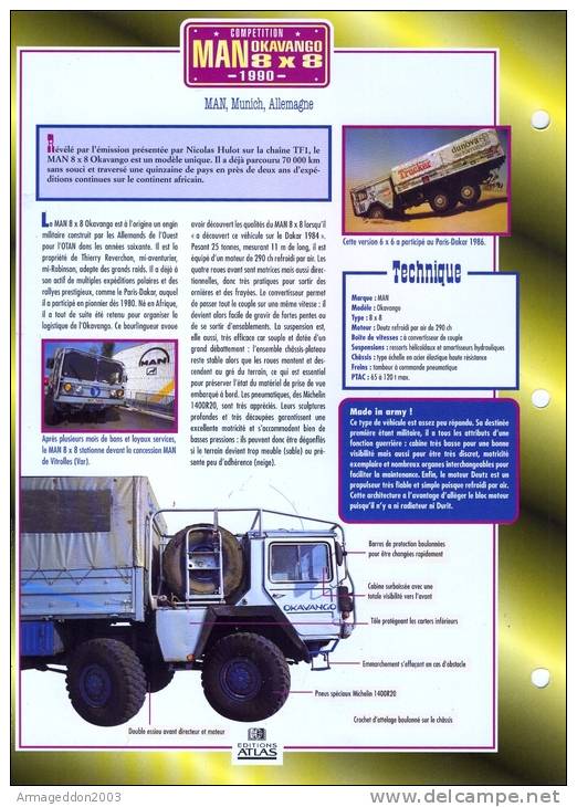 FICHE CARTONNE 25x18.5 CM CAMION DOC.AU DOS VOIR SCAN SERIE COMPETITION MAN OKAVANGO 8X8 1990 - LKW