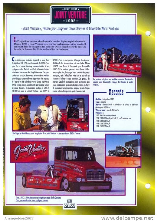 FICHE CARTONNE 25x18.5 CM CAMION DOC.AU DOS VOIR SCAN SERIE COMPETITION JOINT VENTURE 1992 - Trucks