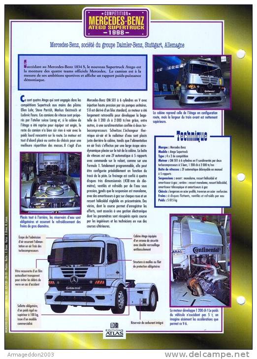 FICHE CARTONNE 25x18.5 CM CAMION DOC.AU DOS VOIR SCAN SERIE COMPETITION MERCEDES BENZ ATEGO SUPERTRUCK 1998 - Camion