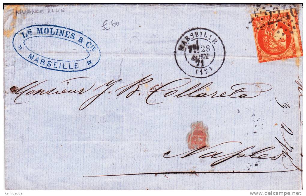 1871 - BORDEAUX YVERT N° 48 SEUL SUR LETTRE De MARSEILLE Pour NAPLES (ITALIE) - 1849-1876: Classic Period