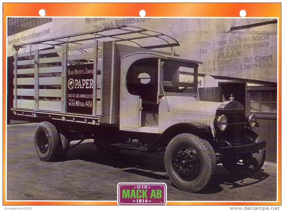 FICHE CARTONNE 25x18.5 CM CAMION DOC.AU DOS VOIR SCAN SERIE AGE D'OR MACK AB 1914 - Camions