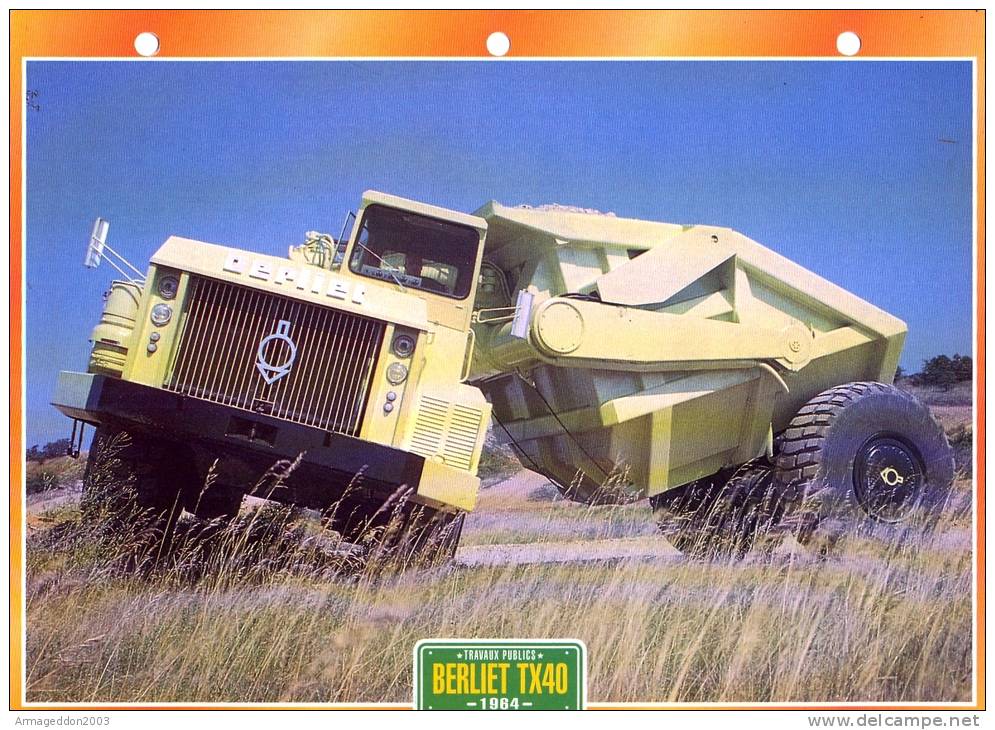 FICHE CARTONNE 25x18.5 CM CAMION DOC.AU DOS VOIR SCAN SERIE TRAVAUX PUBLICS 1984 BERLIET TX40 - Camions