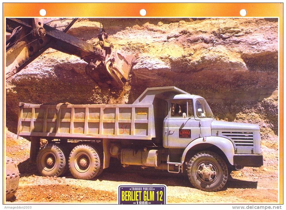 FICHE CARTONNE 25x18.5 CM CAMION DOC.AU DOS VOIR SCAN SERIE TRAVAUX PUBLICS 1966 BERLIET GLM 12 - LKW