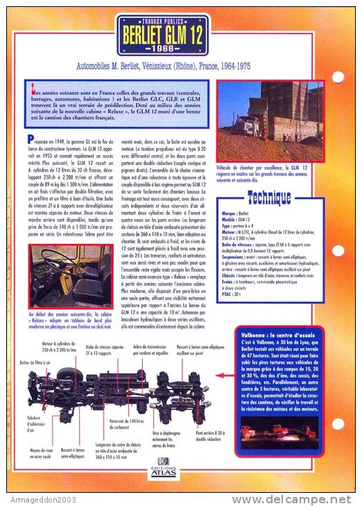 FICHE CARTONNE 25x18.5 CM CAMION DOC.AU DOS VOIR SCAN SERIE TRAVAUX PUBLICS 1966 BERLIET GLM 12 - Trucks