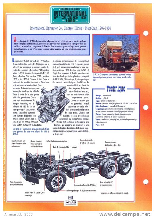 FICHE CARTONNE 25x18.5 CM CAMION DOC.AU DOS VOIR SCAN SERIE TRAVAUX PUBLICS 1969 International F 230 D - Trucks