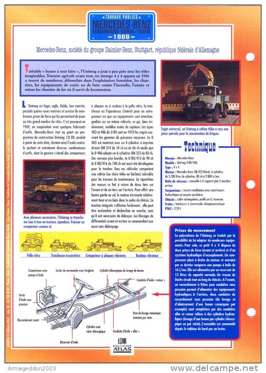 FICHE CARTONNE 25x18.5 CM CAMION DOC.AU DOS VOIR SCAN SERIE TRAVAUX PUBLICS 1969 MERCEDES BENZ UNIMOG U80/408 - Camions