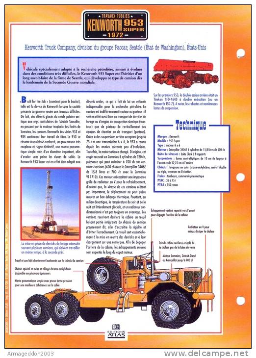 FICHE CARTONNE 25x18.5 CM CAMION DOC.AU DOS VOIR SCAN SERIE TRAVAUX PUBLICS 1972 KENWORTH 953 SUPER - Camion