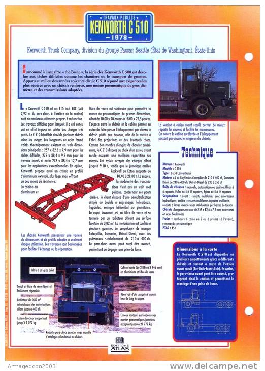 FICHE CARTONNE 25x18.5 CM CAMION DOC.AU DOS VOIR SCAN SERIE TRAVAUX PUBLICS 1978 Kenworth C 510 - Trucks