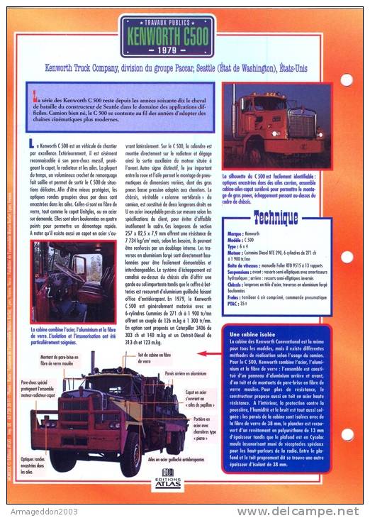 FICHE CARTONNE 25x18.5 CM CAMION DOC.AU DOS VOIR SCAN SERIE TRAVAUX PUBLICS 1979 Kenworth C 500 - Camion