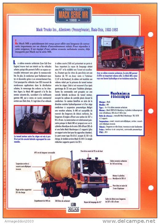 FICHE CARTONNE 25x18.5 CM CAMION DOC.AU DOS VOIR SCAN SERIE TRAVAUX PUBLICS 1980 MARK SERIE MR - Trucks