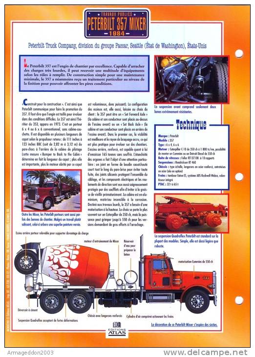 FICHE CARTONNE 25x18.5 CM CAMION DOC.AU DOS VOIR SCAN SERIE TRAVAUX PUBLICS 1984 PETERBILT 357 MIXER - Camion